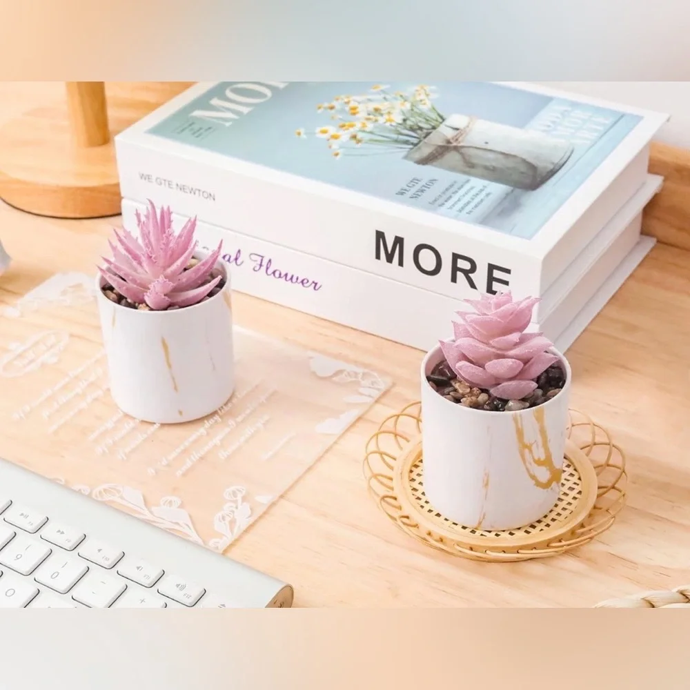 White Marble Mini Pot with Pink Succulent Accent - Home Accents